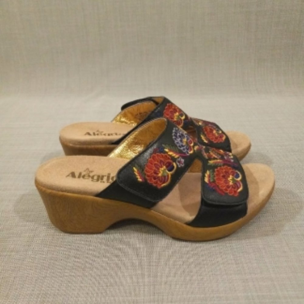 Alegria Embroidered Leather Slip-On Wedge Sandal